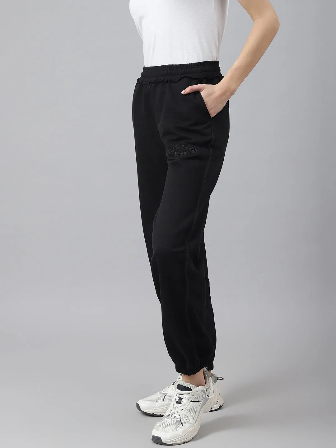 Fitkin Women Black Solid Oversized Designer Fleece Jogger Pants
