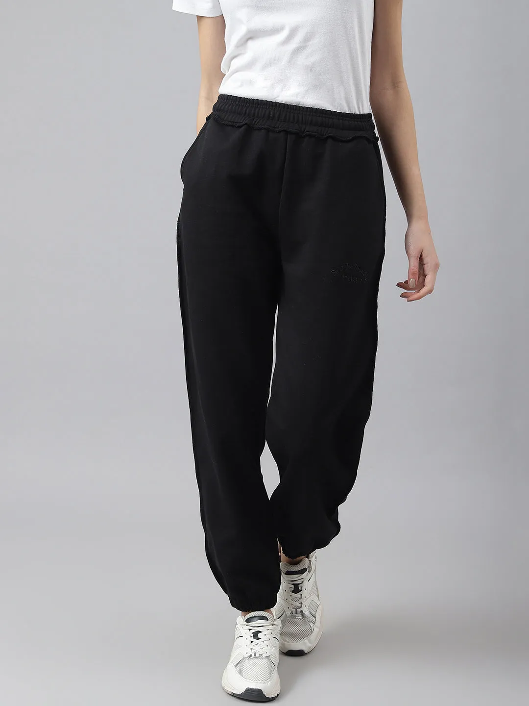 Fitkin Women Black Solid Oversized Designer Fleece Jogger Pants