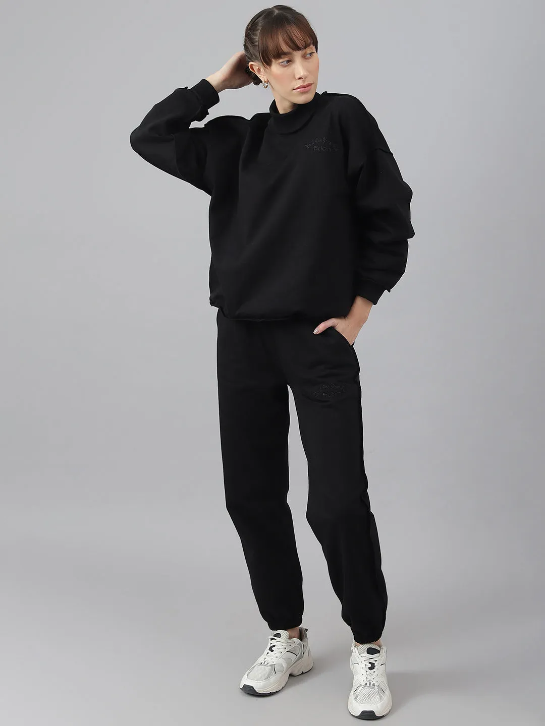 Fitkin Women Black Solid Oversized Designer Fleece Jogger Pants