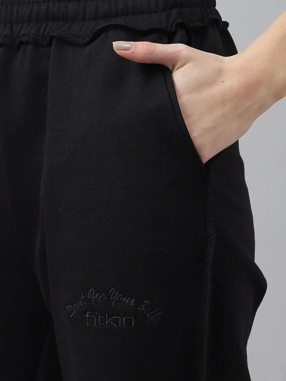 Fitkin Women Black Solid Oversized Designer Fleece Jogger Pants