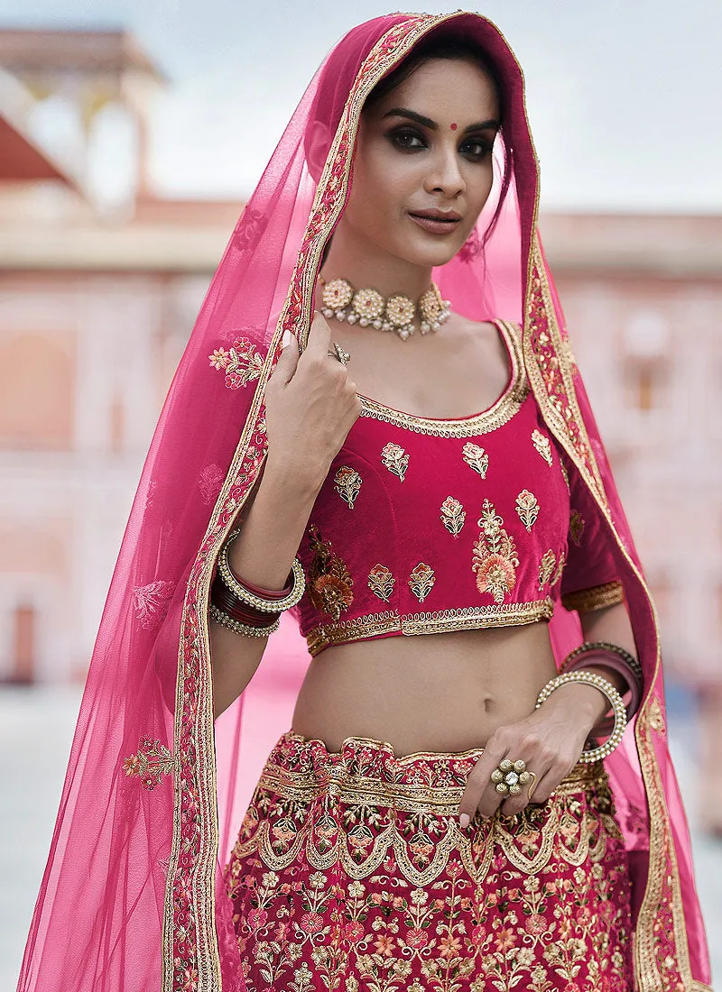 Fuscia Pink Embroidered Velvet Wedding Lehenga Choli