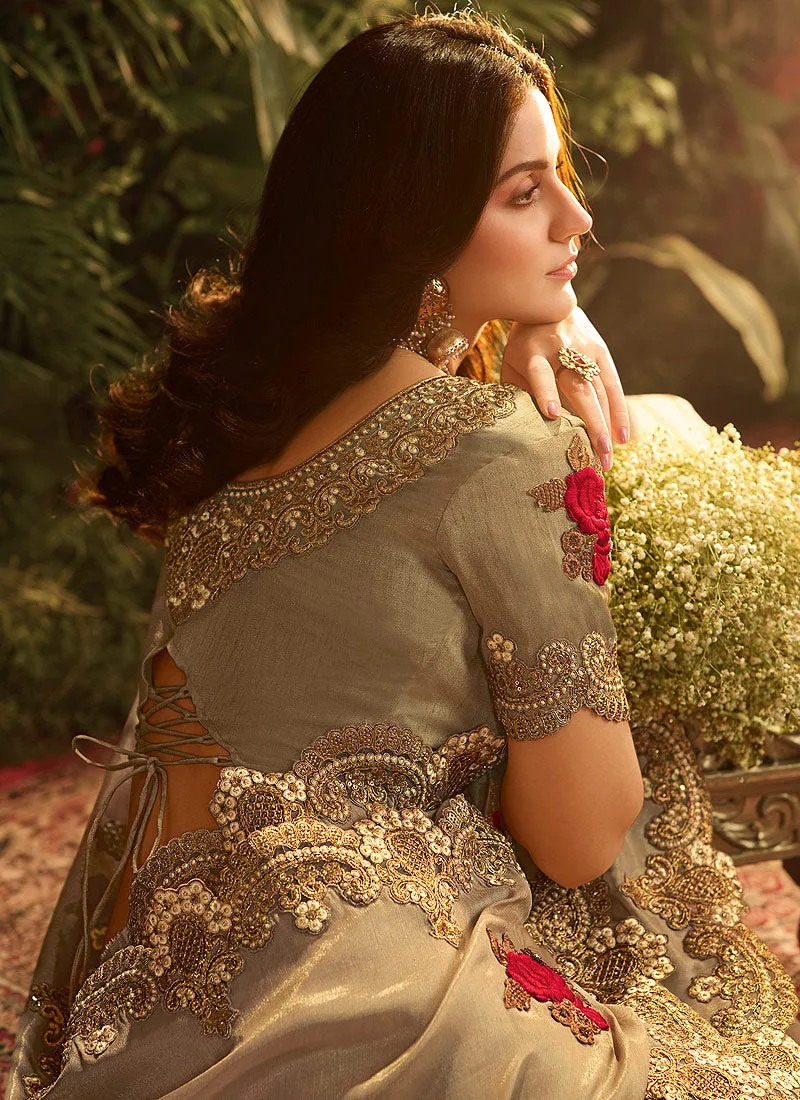 Golden Floral Bunch Designer Saree With Blouse