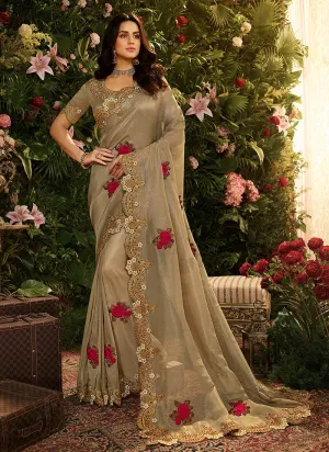 Golden Floral Bunch Designer Saree With Blouse