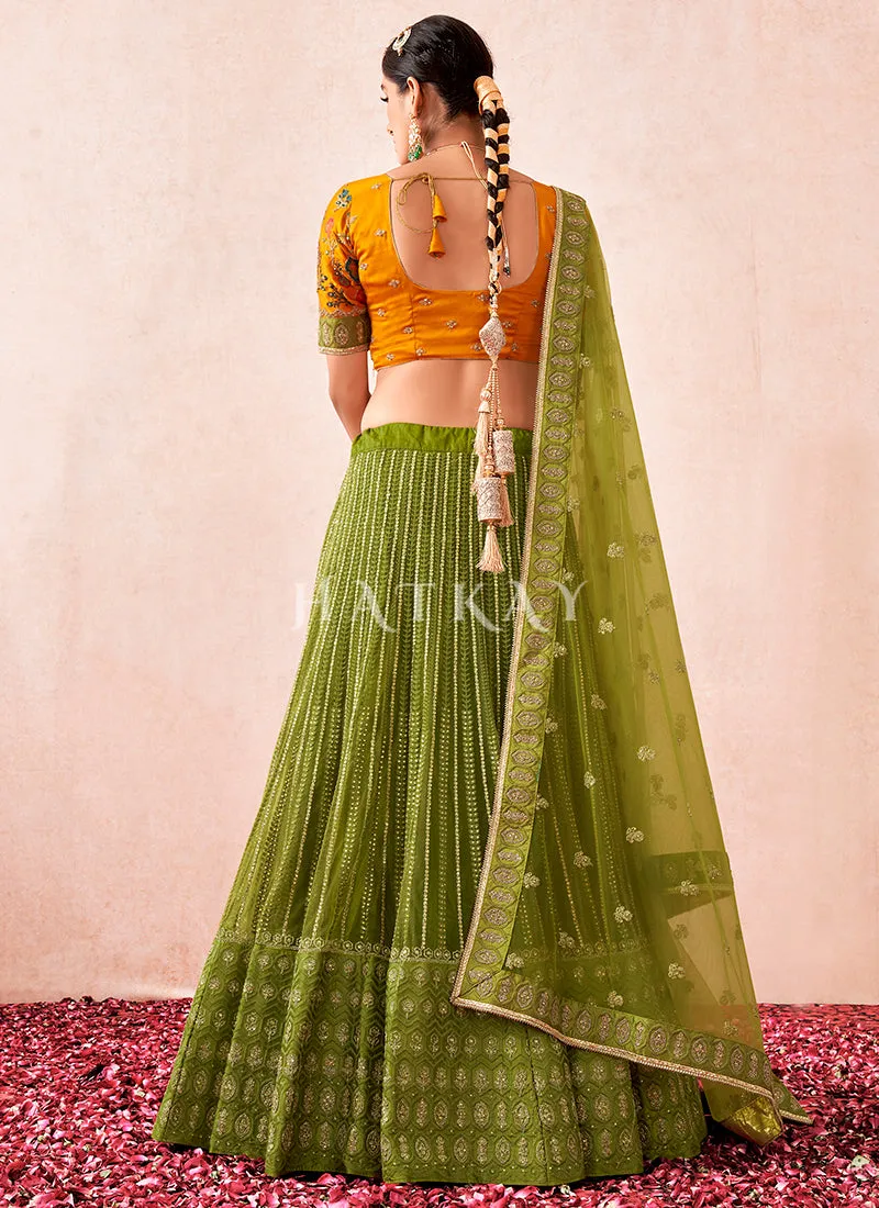 Green And Orange Multi Embroidered Traditional Lehenga Choli