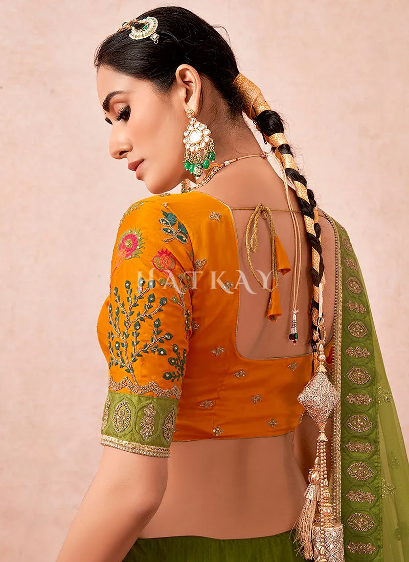 Green And Orange Multi Embroidered Traditional Lehenga Choli