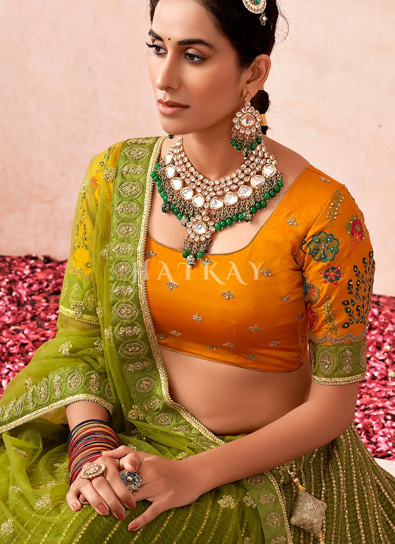 Green And Orange Multi Embroidered Traditional Lehenga Choli