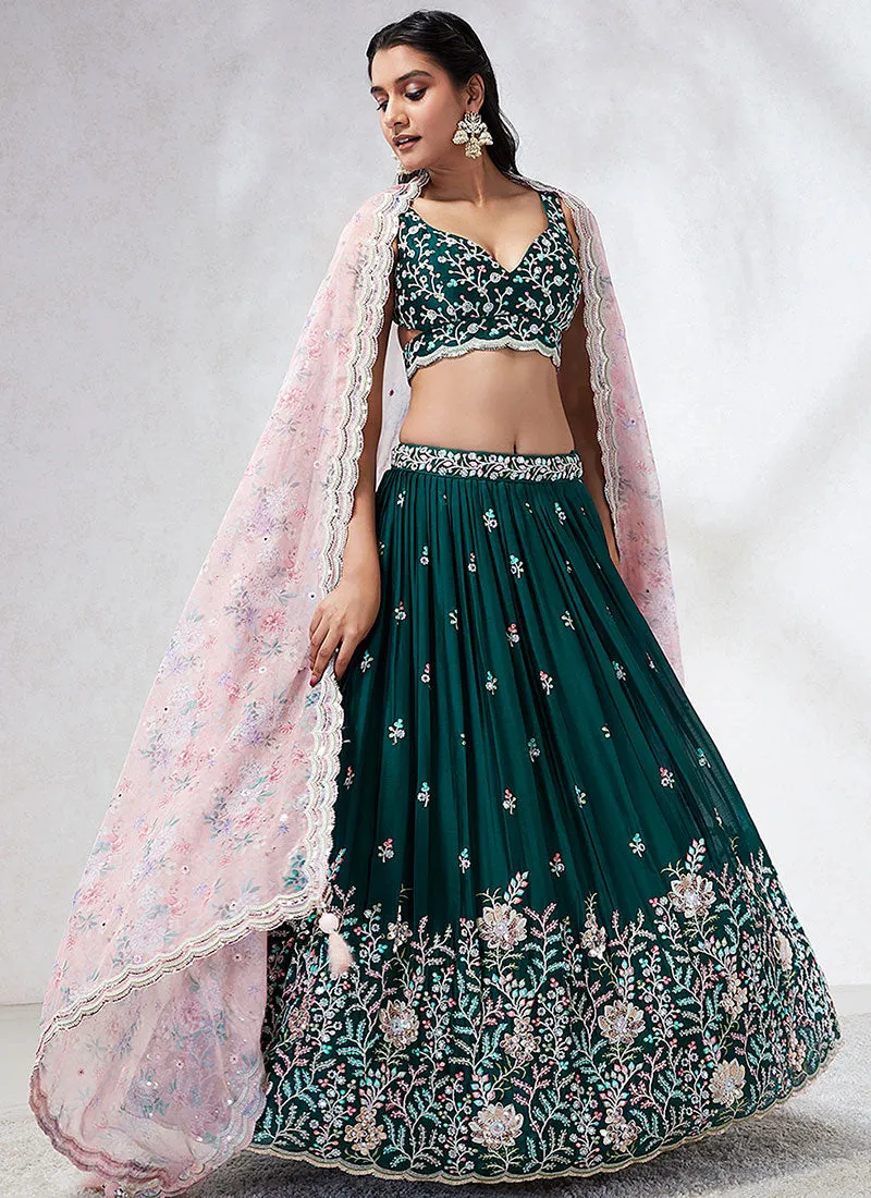 Green And Pink Multi Embroidery Wedding Lehenga Choli
