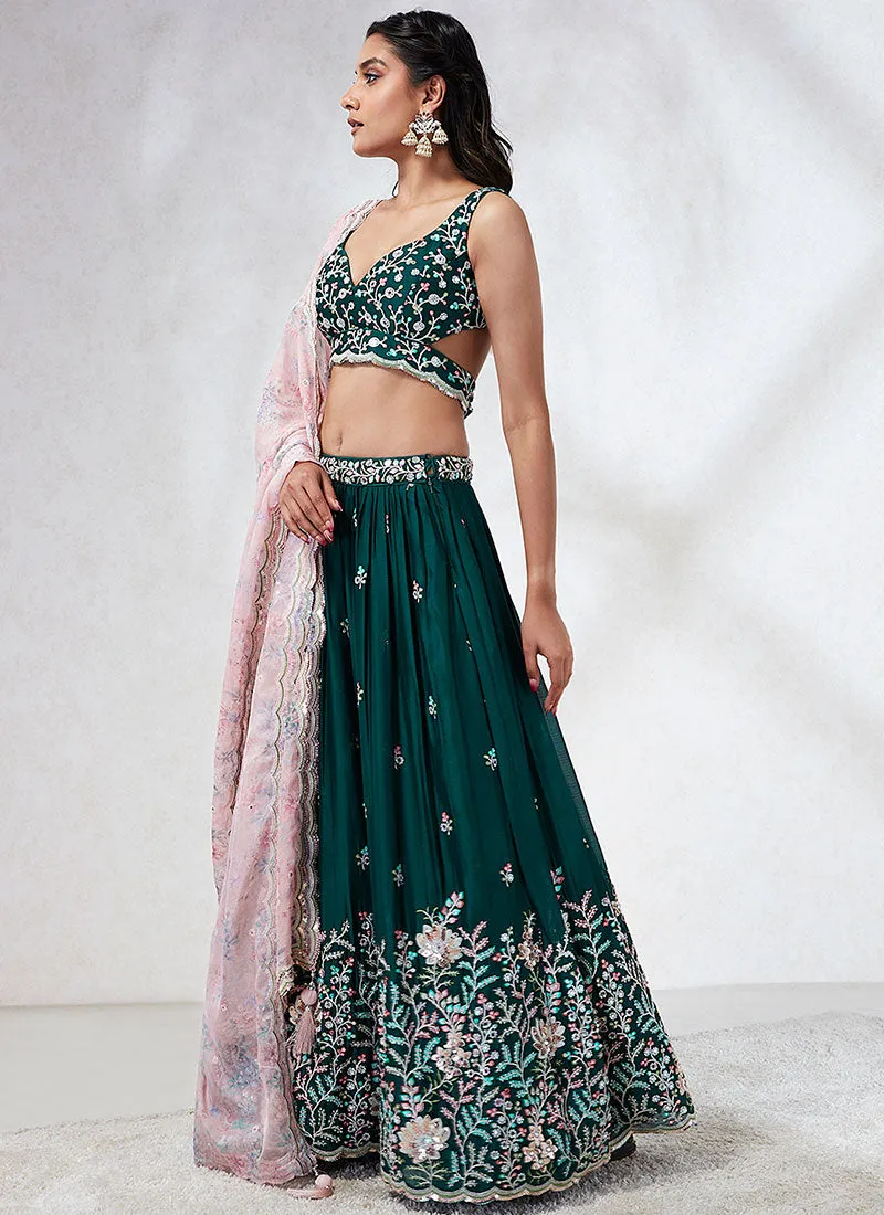 Green And Pink Multi Embroidery Wedding Lehenga Choli