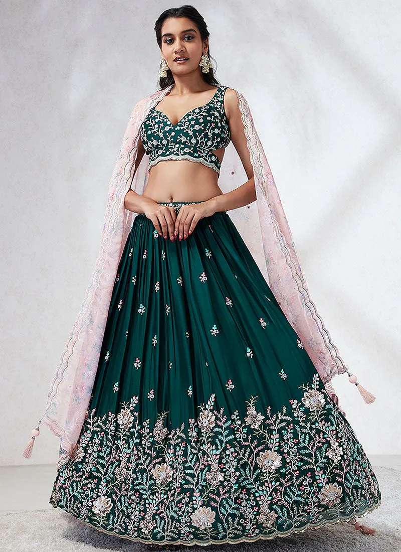 Green And Pink Multi Embroidery Wedding Lehenga Choli