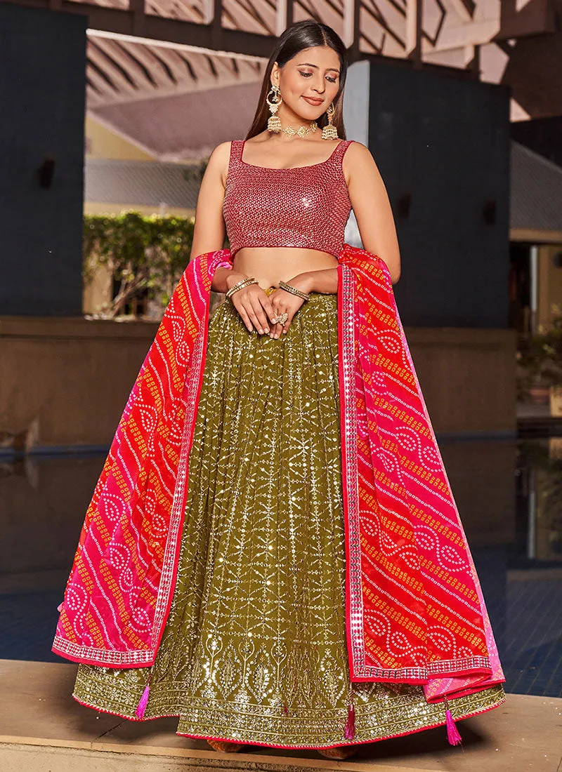 Green And Pink Sequence Embroidery Lehenga Choli And Dupatta