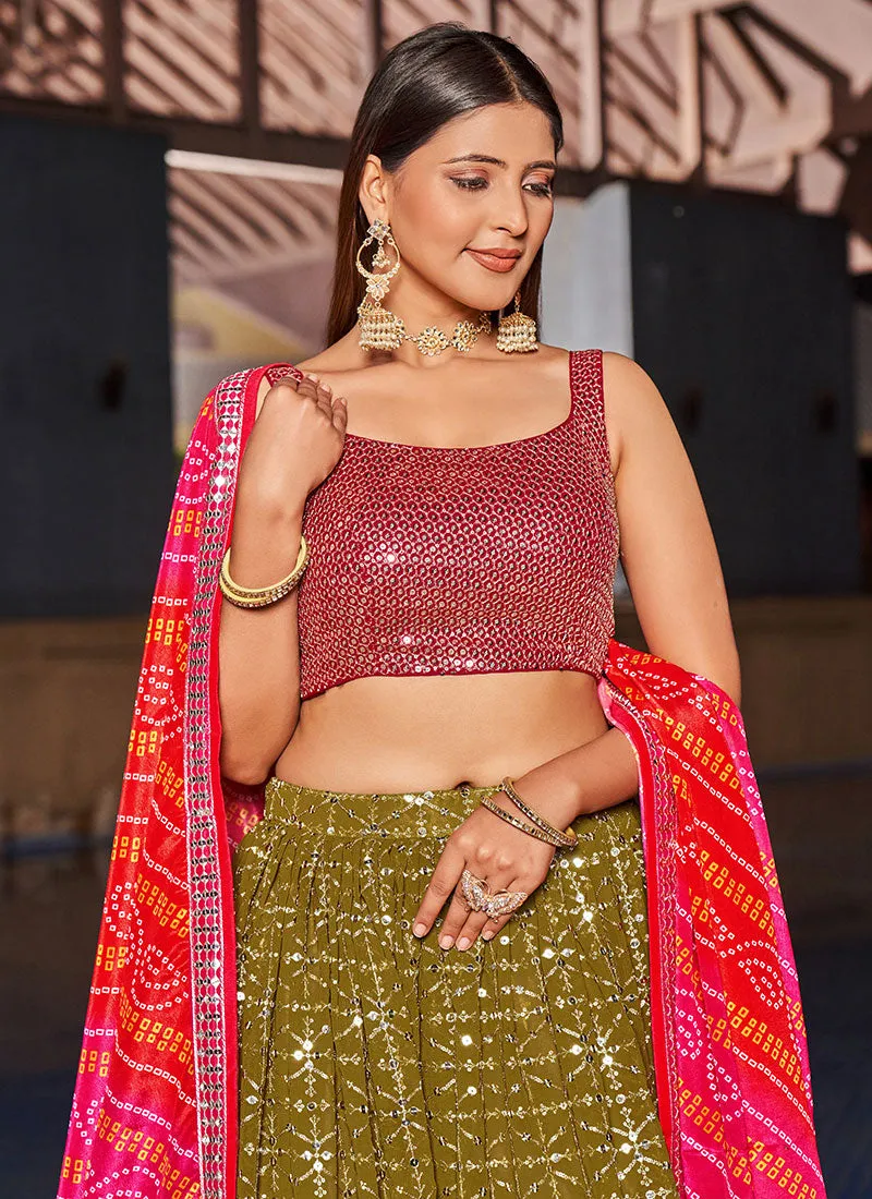 Green And Pink Sequence Embroidery Lehenga Choli And Dupatta