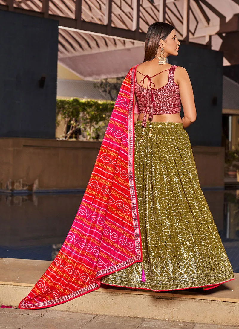 Green And Pink Sequence Embroidery Lehenga Choli And Dupatta