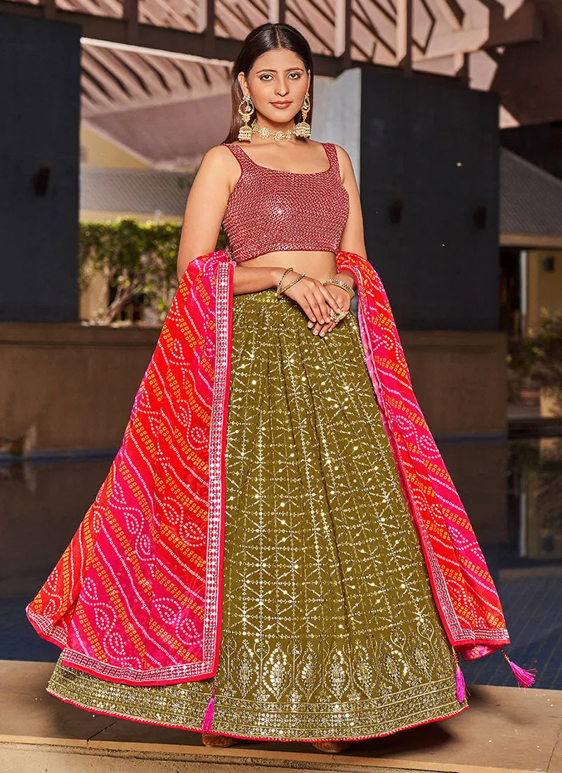 Green And Pink Sequence Embroidery Lehenga Choli And Dupatta