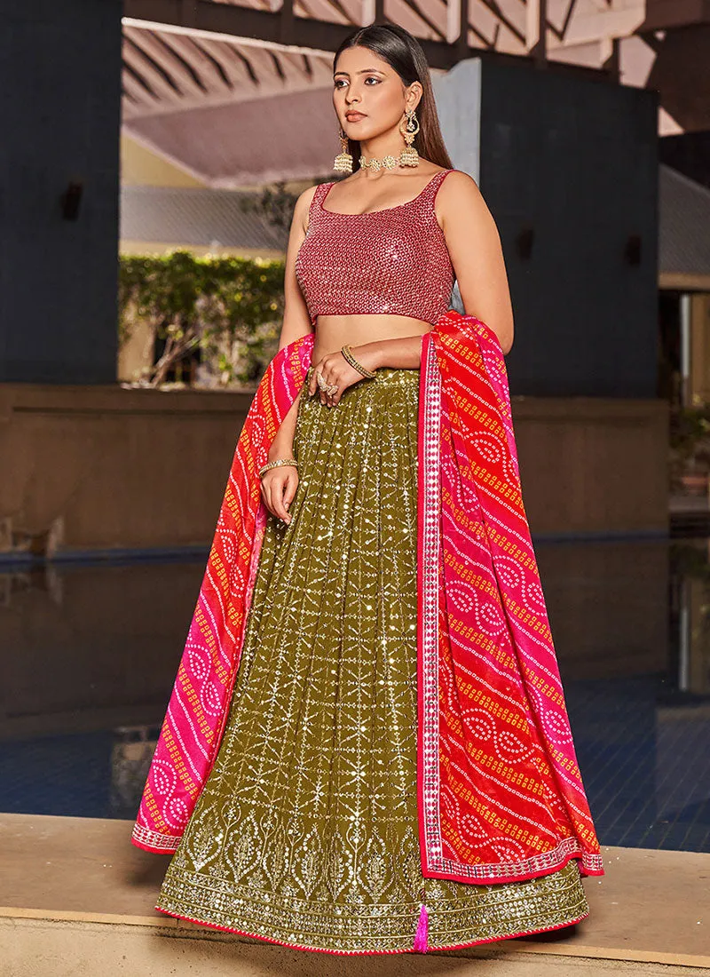 Green And Pink Sequence Embroidery Lehenga Choli And Dupatta