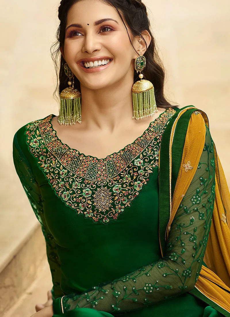 Green And Yellow Embroidered Designer Sharara Suit