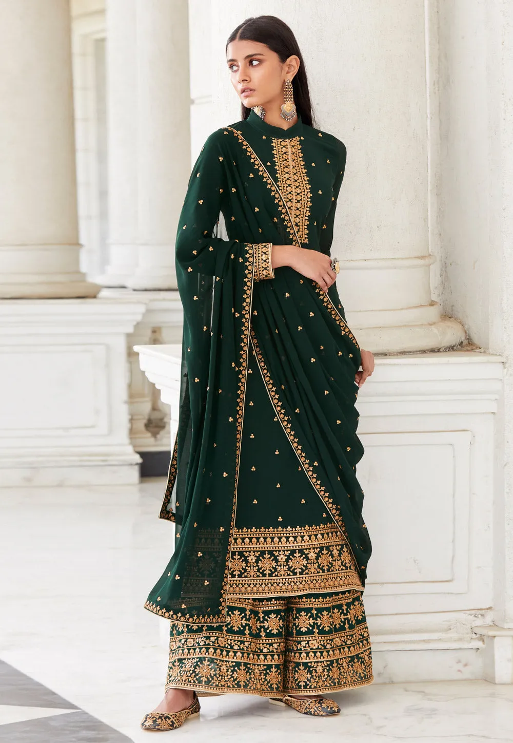Green Embroidered Designer Palazzo Suit