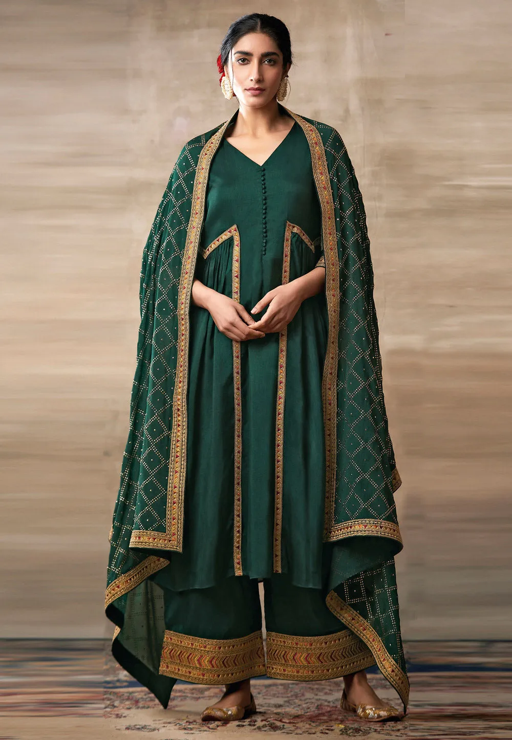 Green Embroidered Designer Palazzo Suit