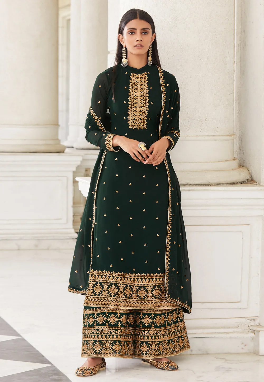 Green Embroidered Designer Palazzo Suit