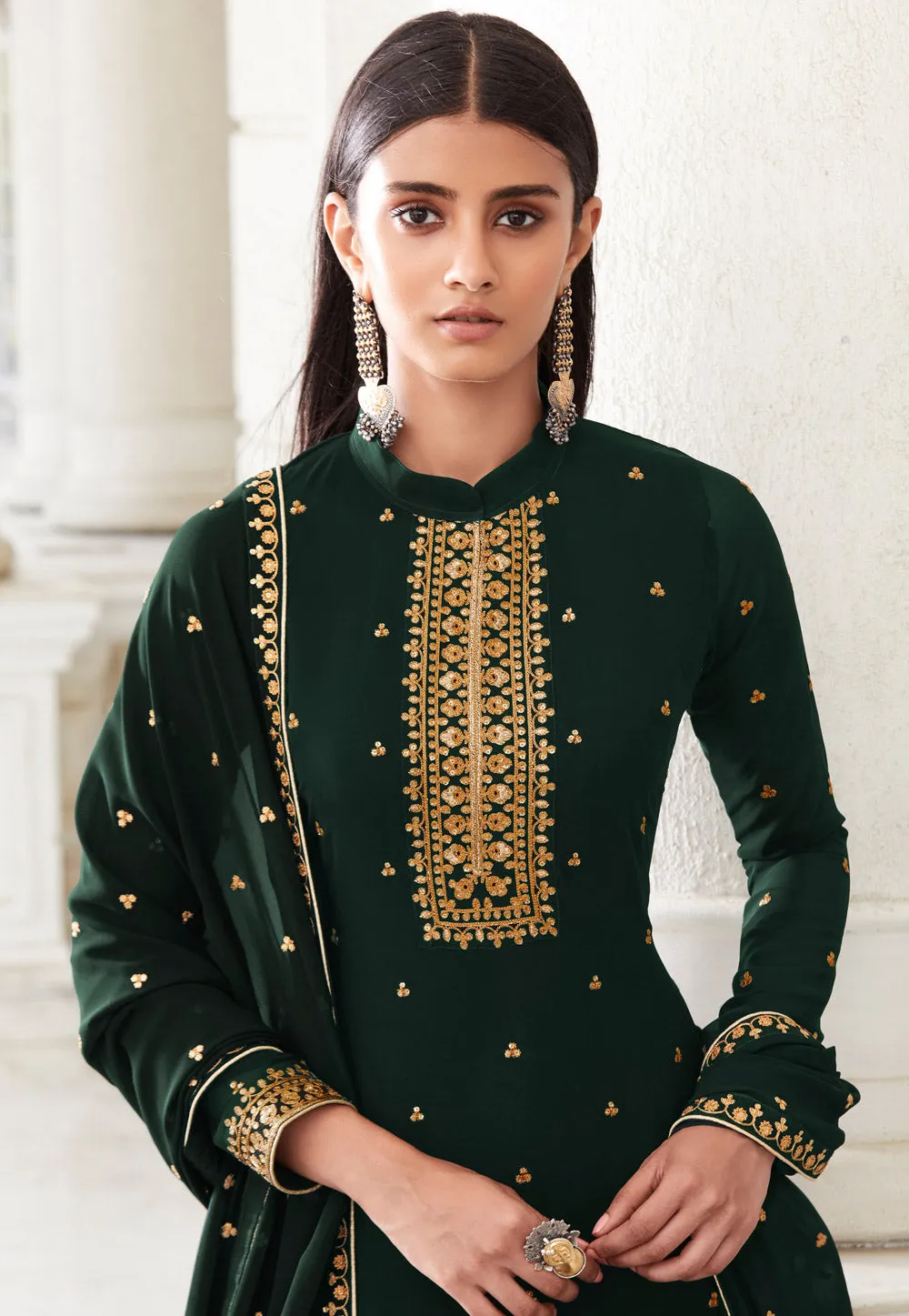 Green Embroidered Designer Palazzo Suit