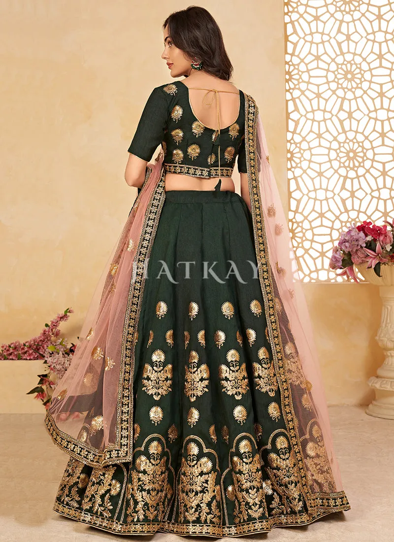 Green Embroidered Partywear Silk Lehenga Choli
