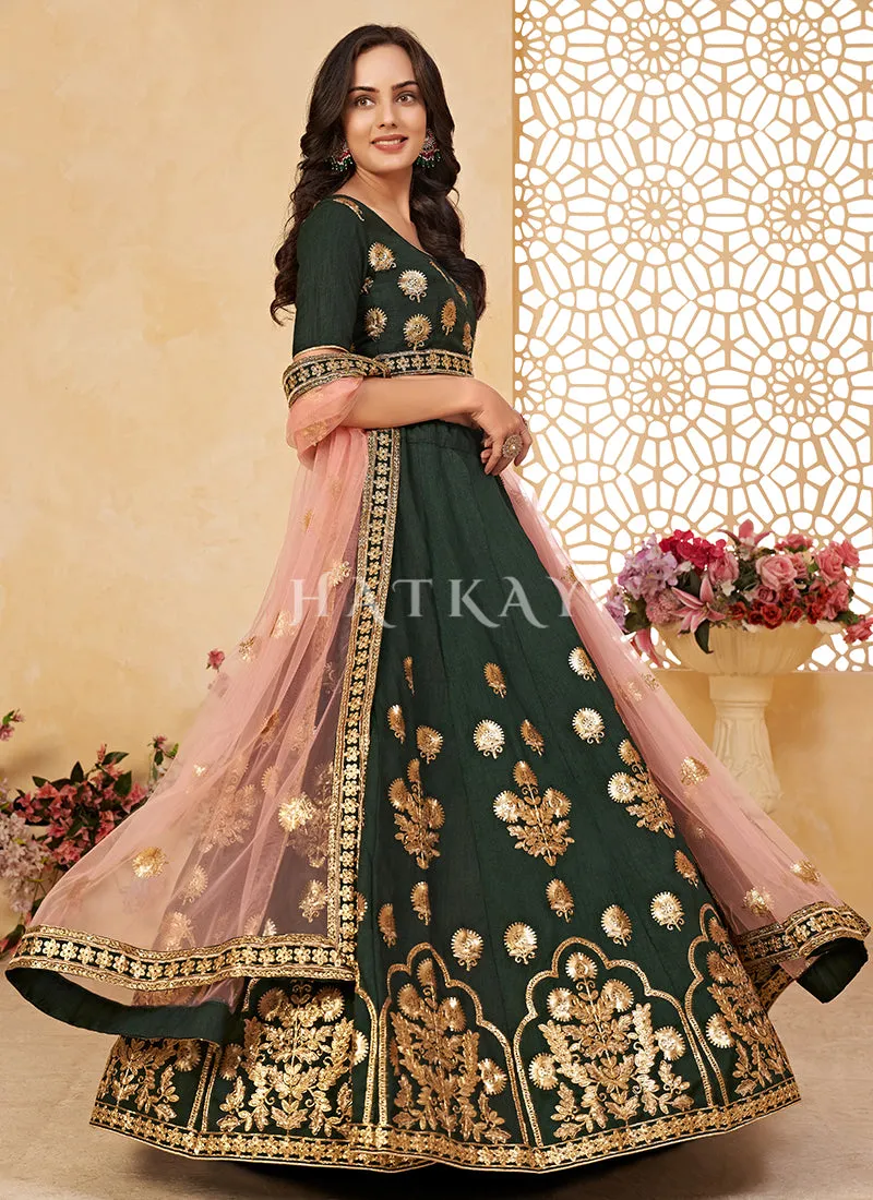 Green Embroidered Partywear Silk Lehenga Choli