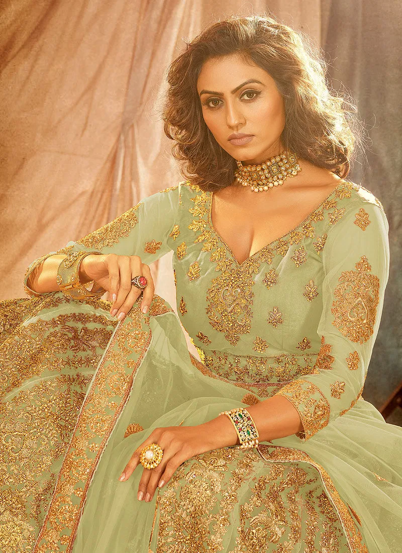 Green Golden Embroidered Wedding Lehenga Choli