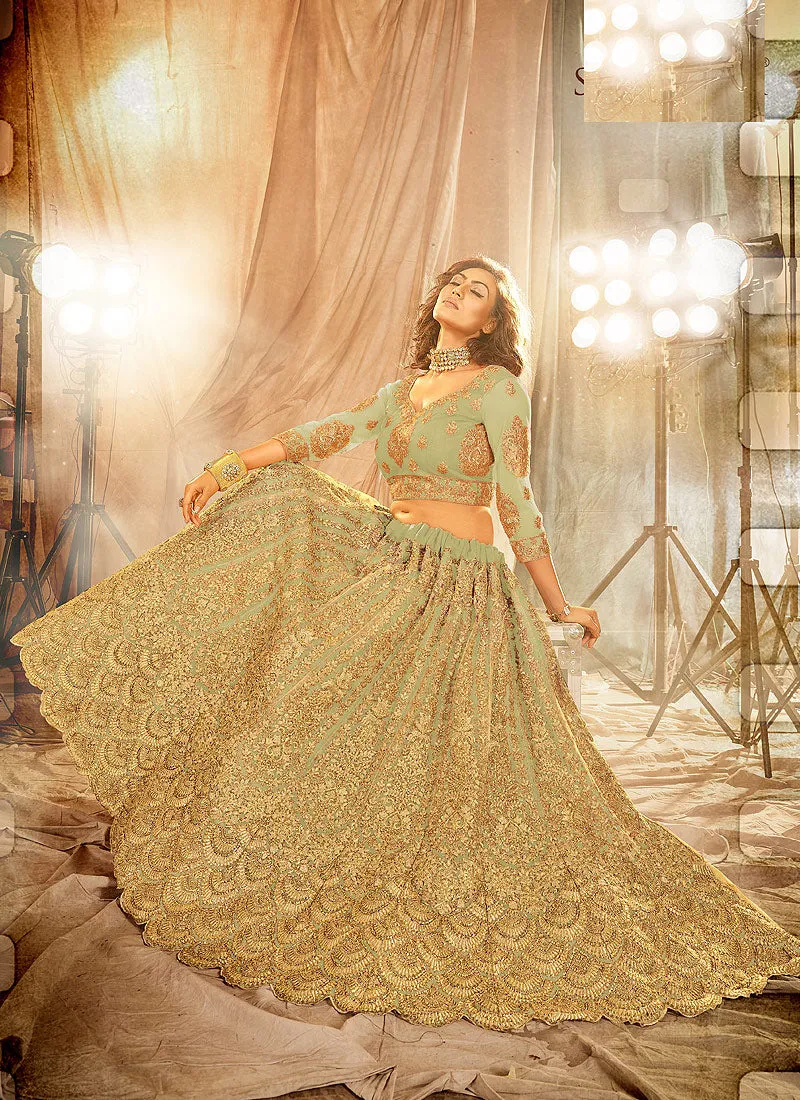 Green Golden Embroidered Wedding Lehenga Choli