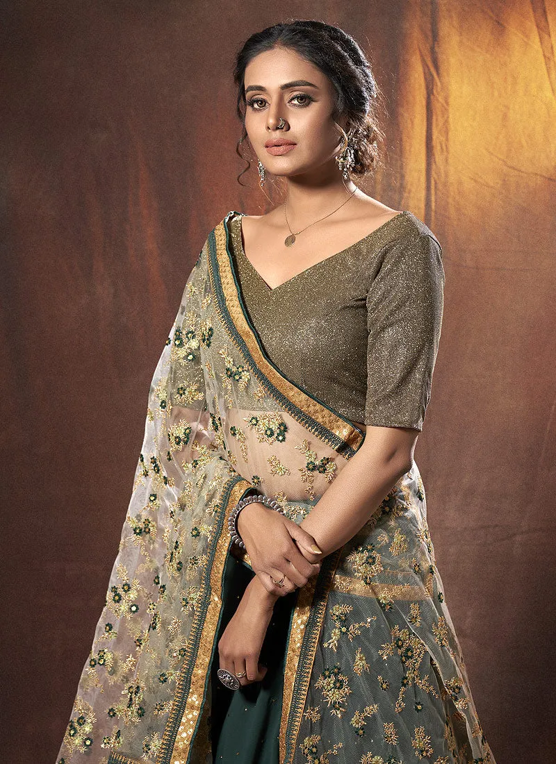 Green Golden Floral Embroidered Lehenga Choli