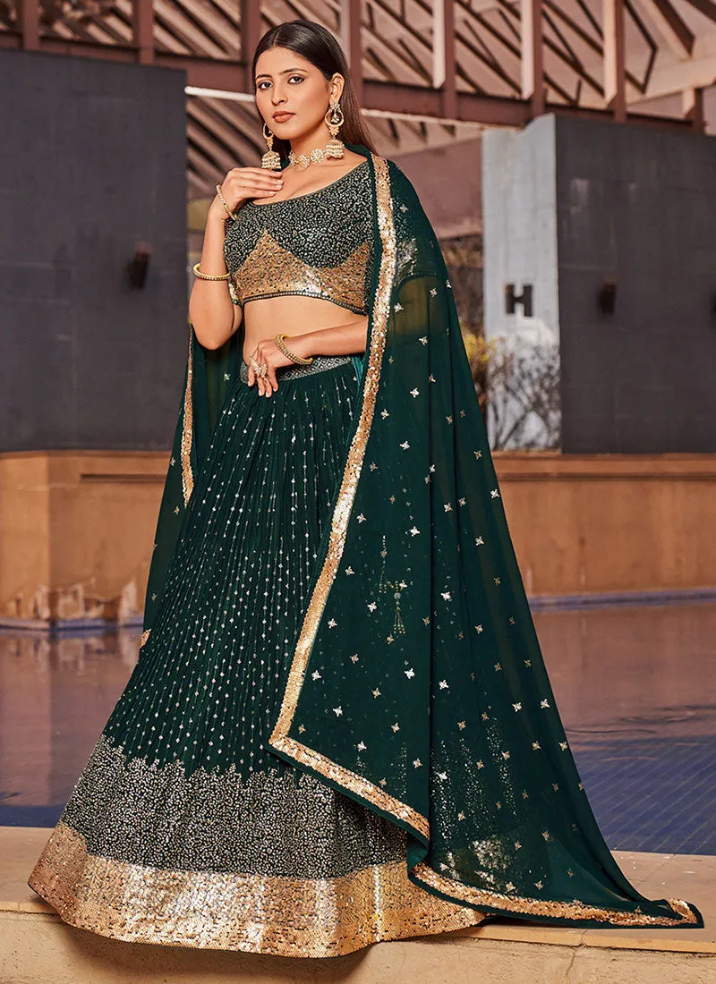 Green Golden Sequence Embroidery Lehenga Choli And Dupatta
