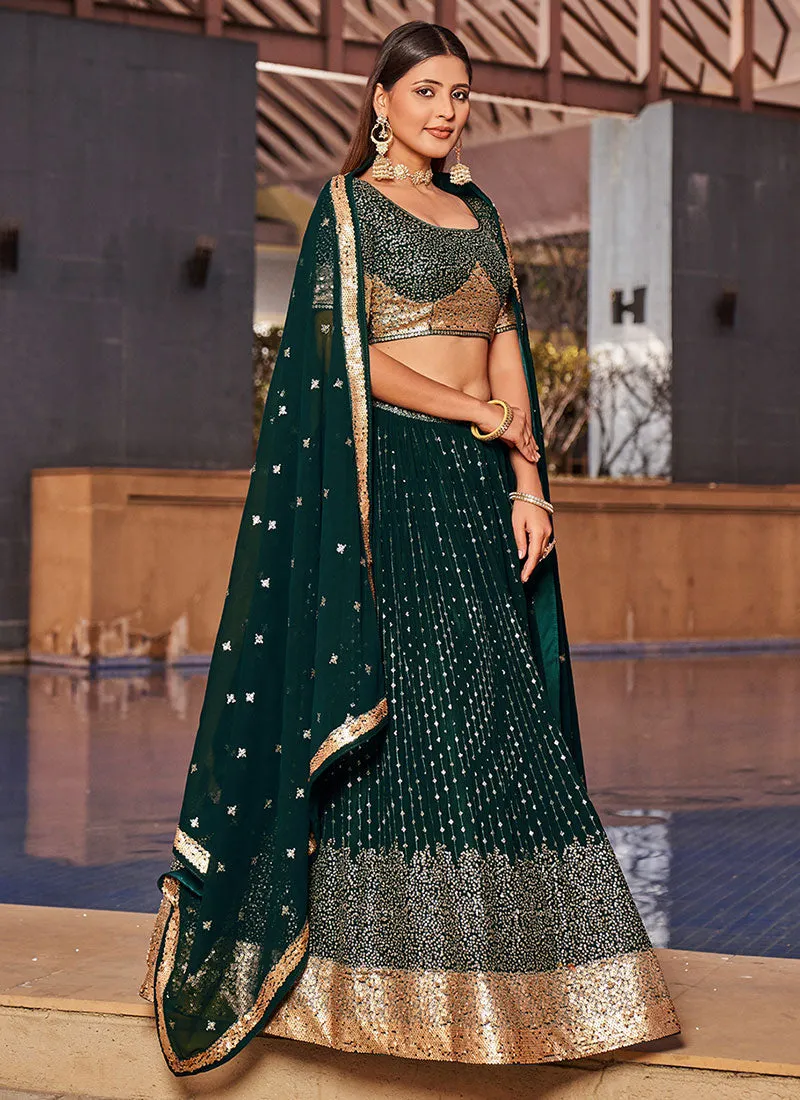 Green Golden Sequence Embroidery Lehenga Choli And Dupatta