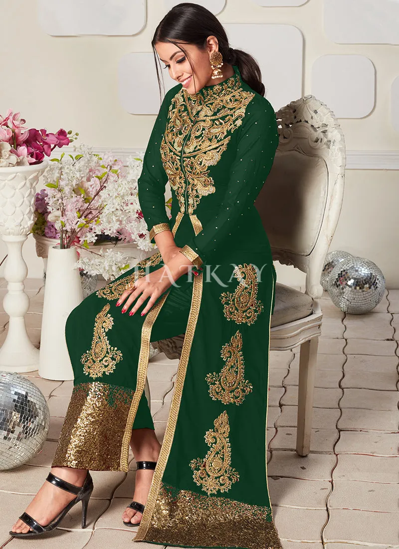 Green Golden Zari Embroidery Jacket Style Pant Suit