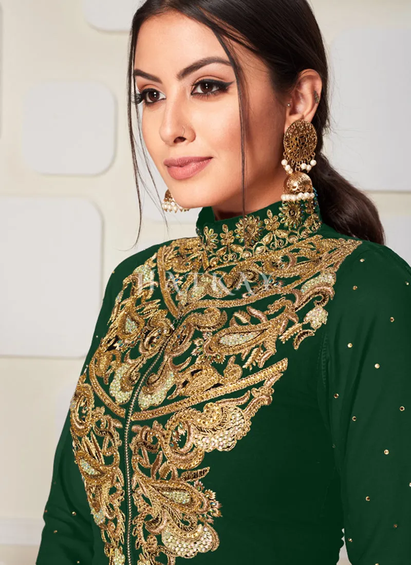 Green Golden Zari Embroidery Jacket Style Pant Suit