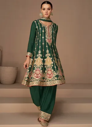 Green Multi Sequence Embroidery Anarkali Dhoti Pant Suit