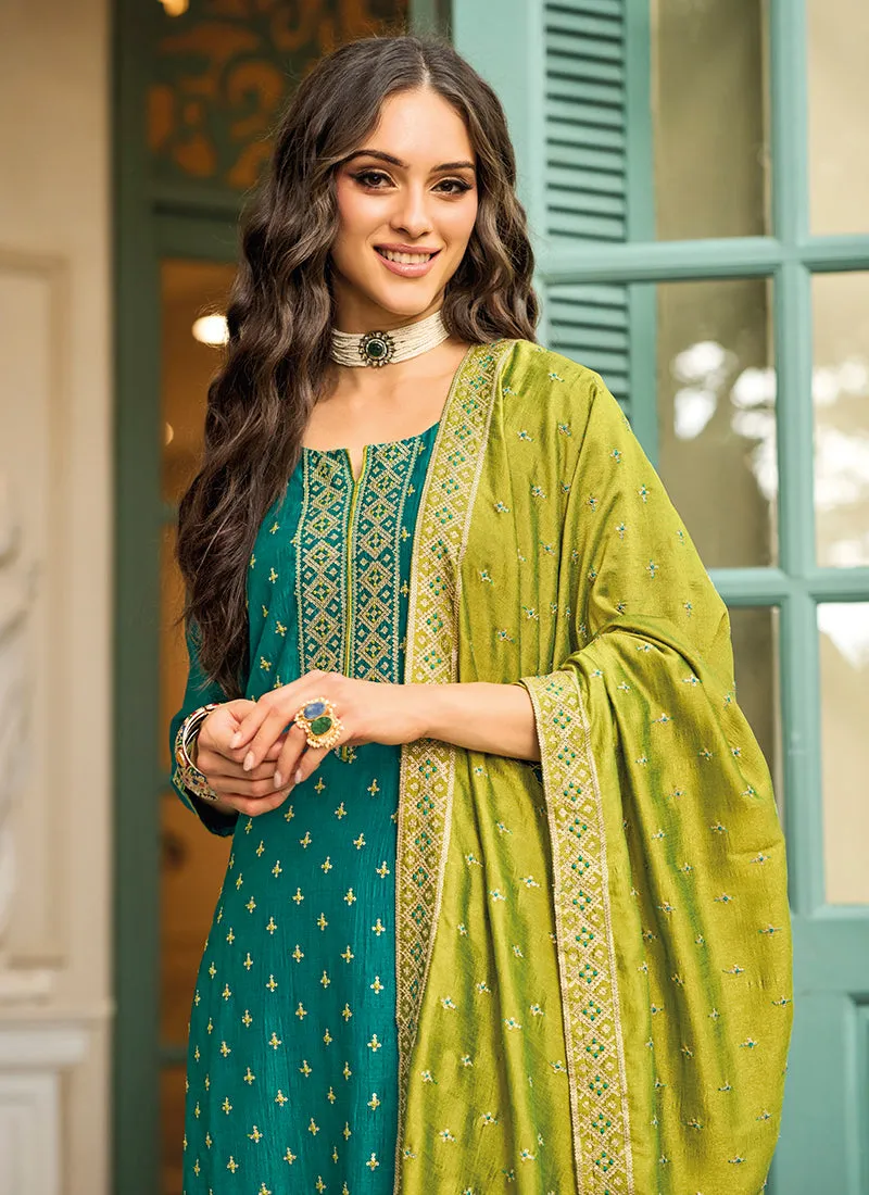 Green Sequence Embroidery Designer Pant Suit