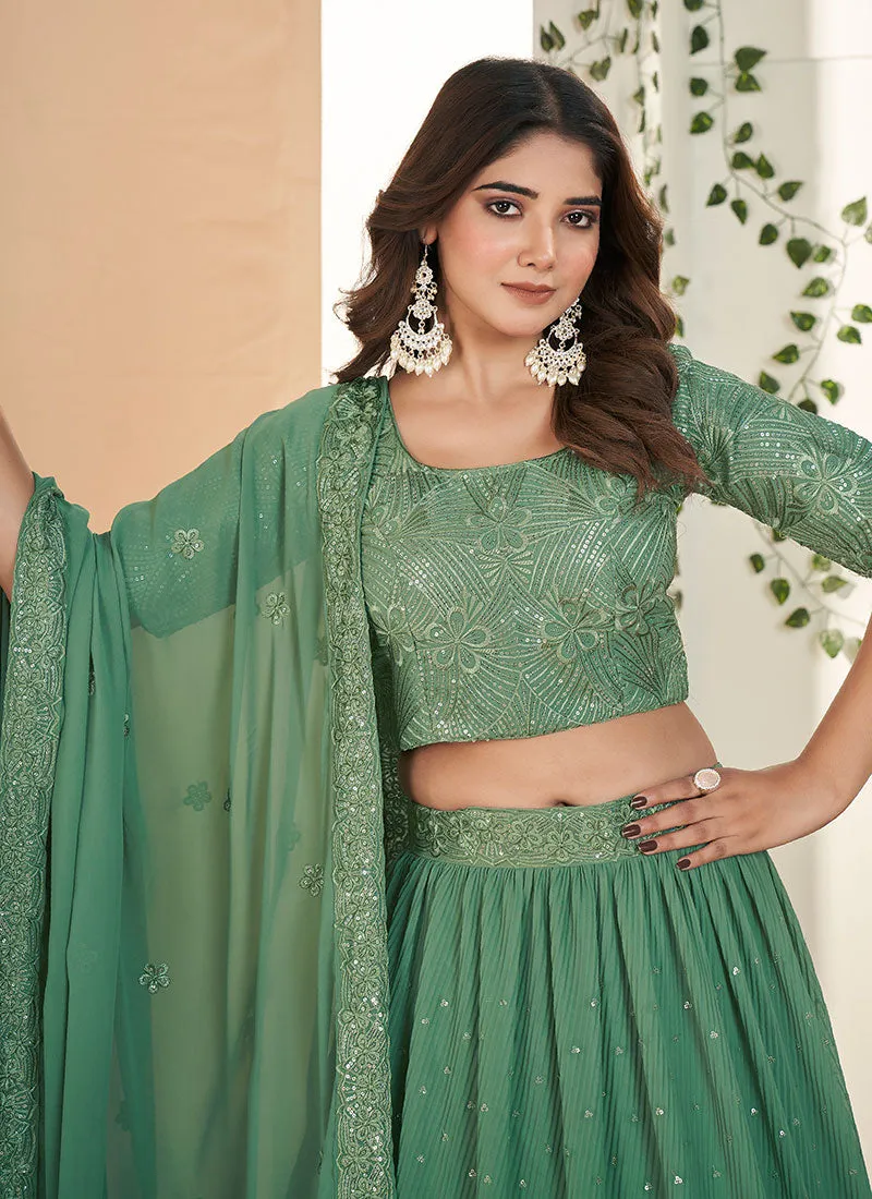 Green Sequence Embroidery Wedding Lehenga Choli And Dupatta
