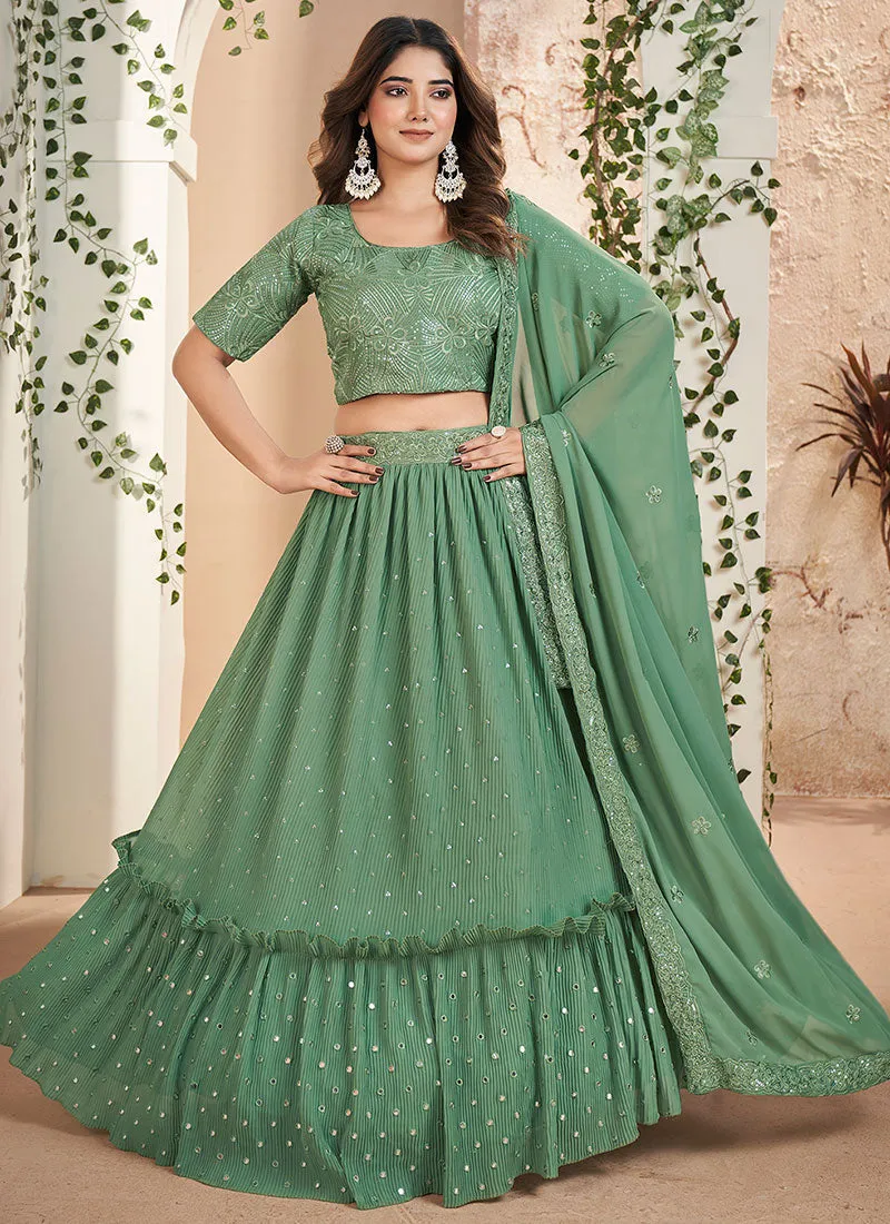 Green Sequence Embroidery Wedding Lehenga Choli And Dupatta
