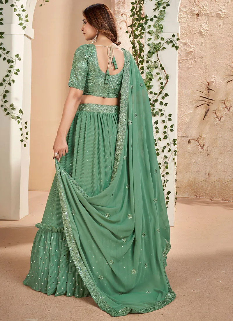 Green Sequence Embroidery Wedding Lehenga Choli And Dupatta