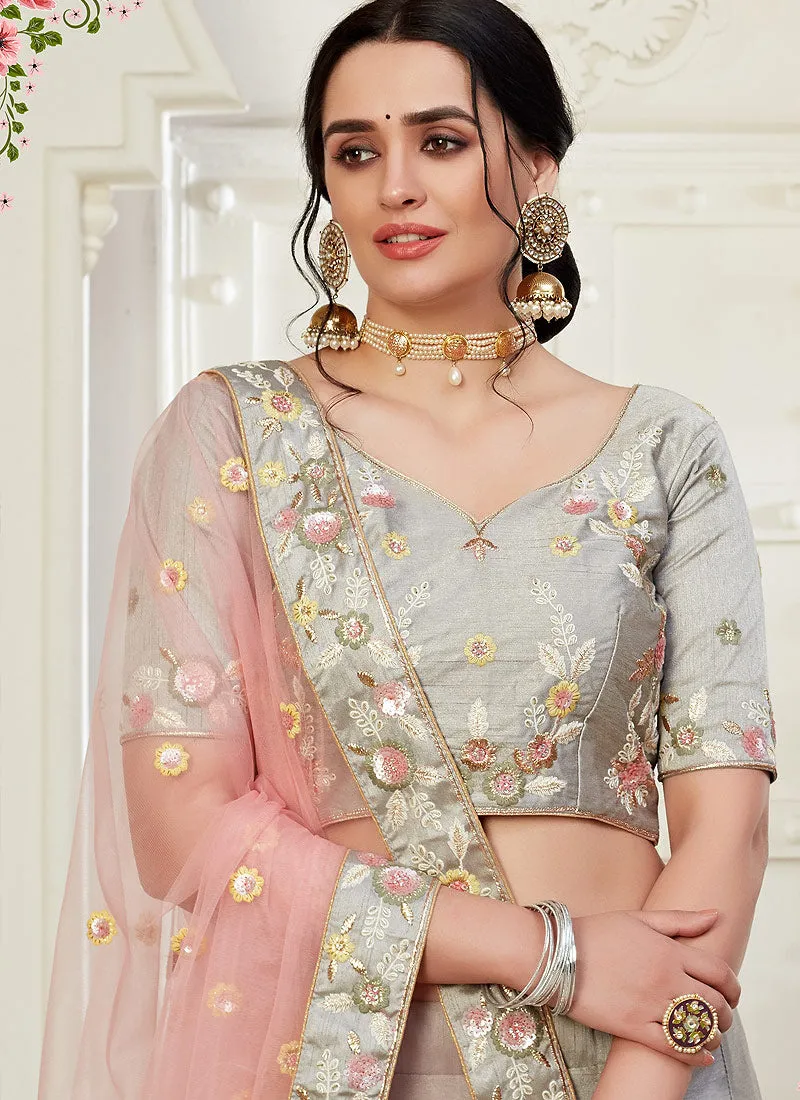 Grey And Pink Floral Embroidered Designer Lehenga Choli