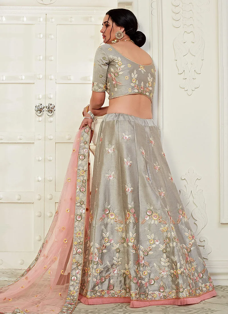 Grey And Pink Floral Embroidered Designer Lehenga Choli