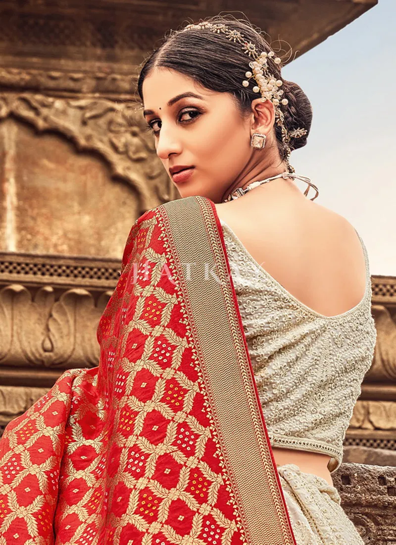 Grey And Red Embroidery Georgette Lehenga Choli