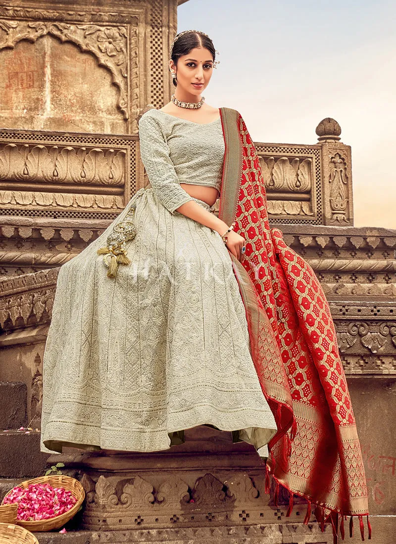 Grey And Red Embroidery Georgette Lehenga Choli