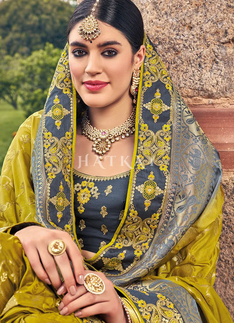 Grey And Yellow Designer Wedding Saree