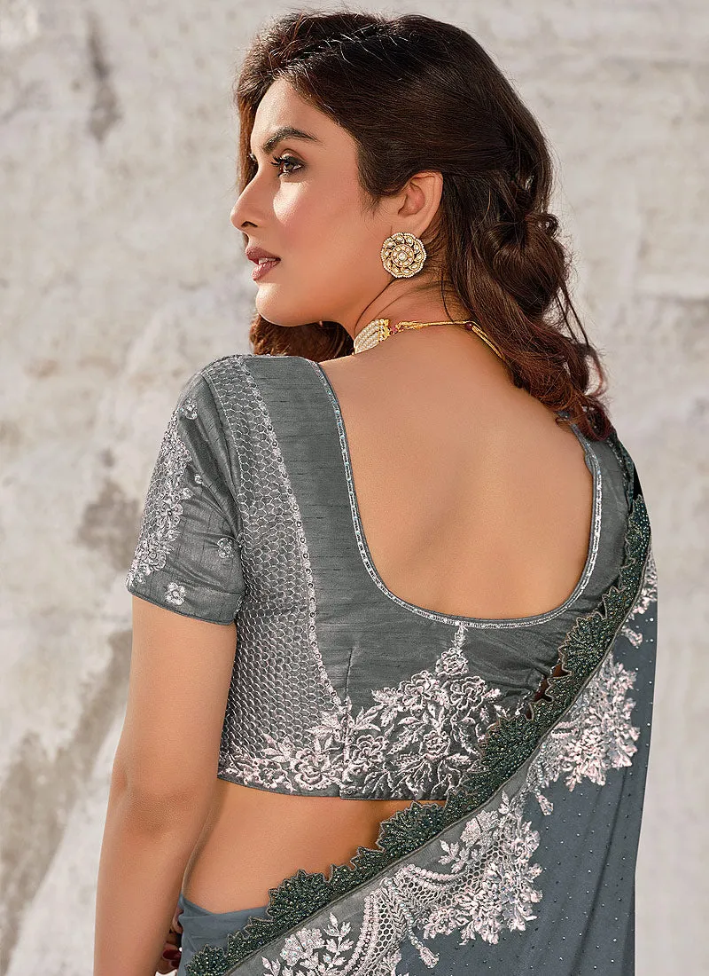 Grey Silver Embroidered Designer Indian Wedding Saree