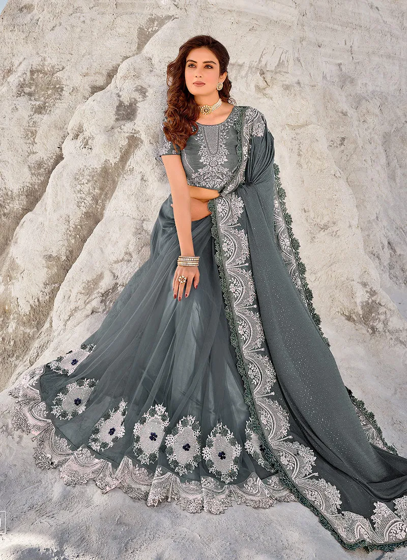 Grey Silver Embroidered Designer Indian Wedding Saree