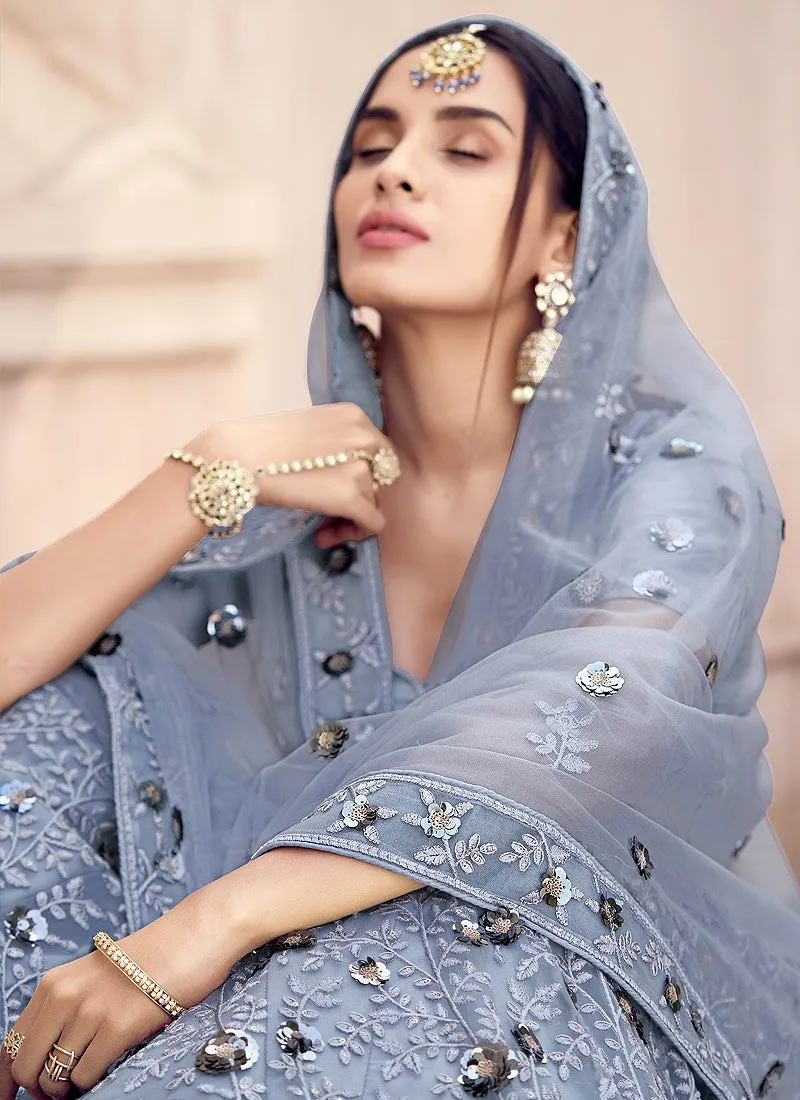 Greyish Silver Sequence Lehenga Choli