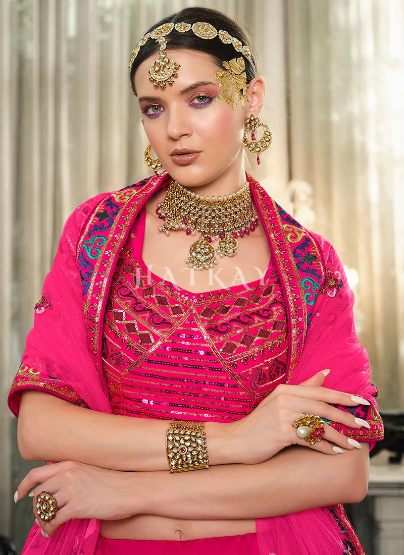 Hot Pink Embroidery Festive Lehenga Choli