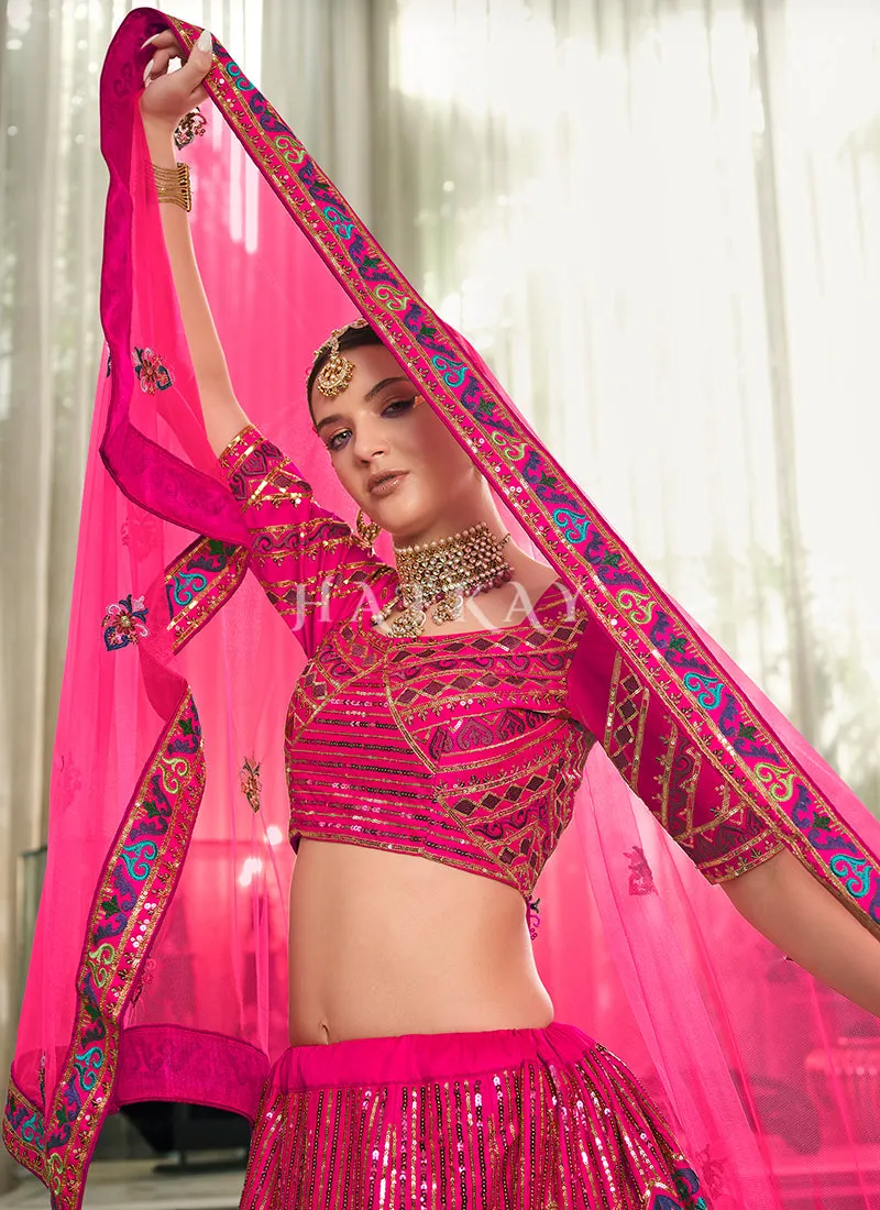 Hot Pink Embroidery Festive Lehenga Choli