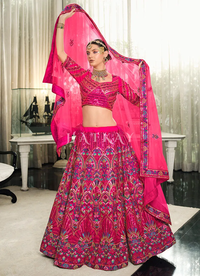 Hot Pink Embroidery Festive Lehenga Choli
