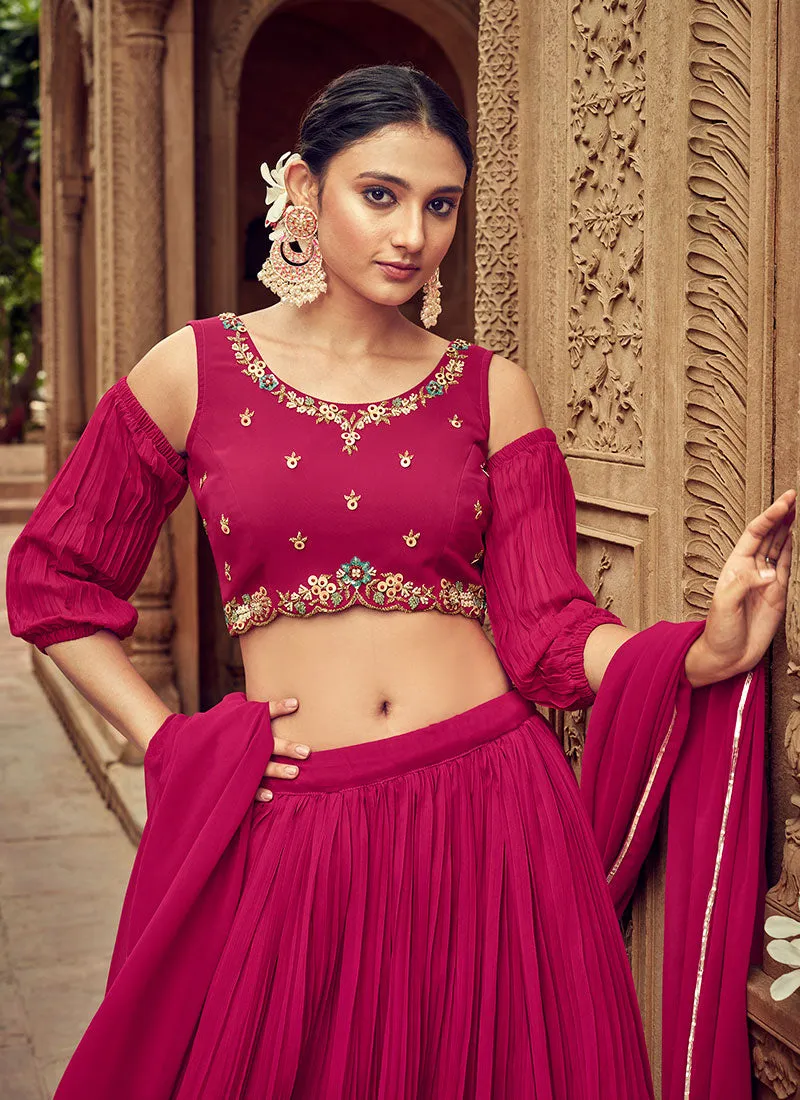 Hot Pink Handwork Embroidery Wedding Lehenga Choli And Dupatta