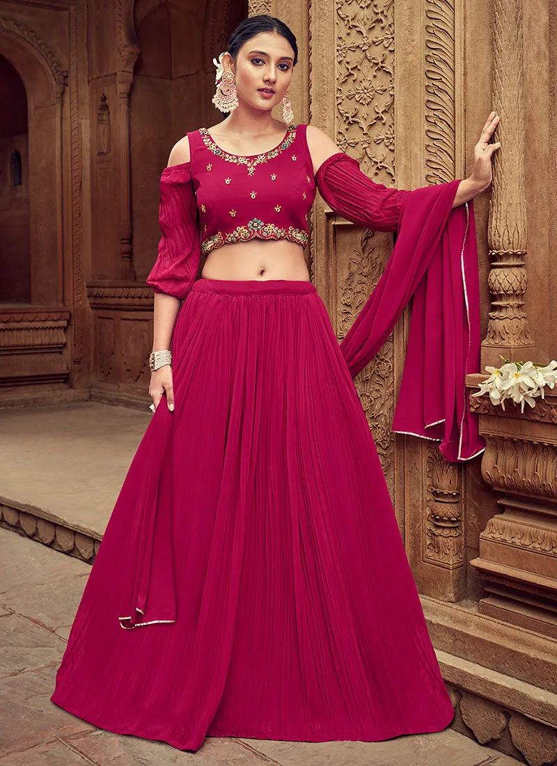 Hot Pink Handwork Embroidery Wedding Lehenga Choli And Dupatta